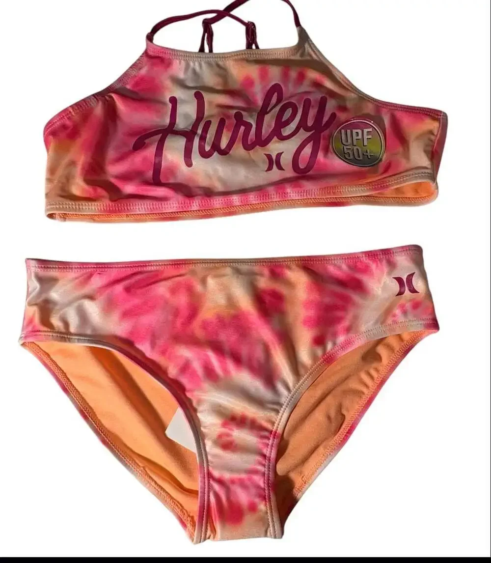 Hurley Girls Pink & Orange Tie-Dye 2-Piece Bikini Swimsuit Size XL (16)